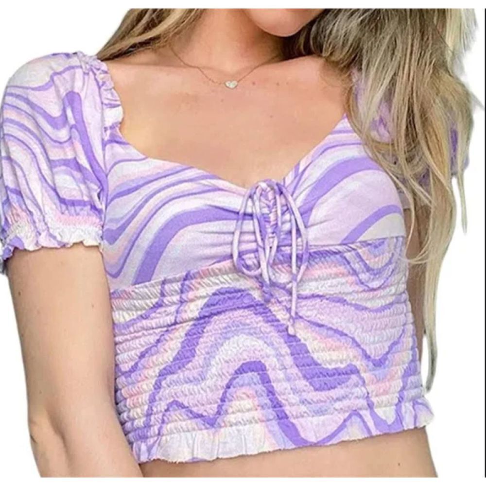 Urban Outfitters Y2k Lavender Crop Top Graphic Short Sleeve Top with ruching XS